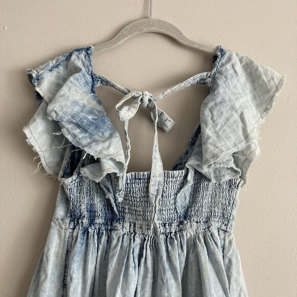 Free People Undone Mini Flutter Sleeve Dress Blue Small Raw Hemline Festival - Picture 9 of 11